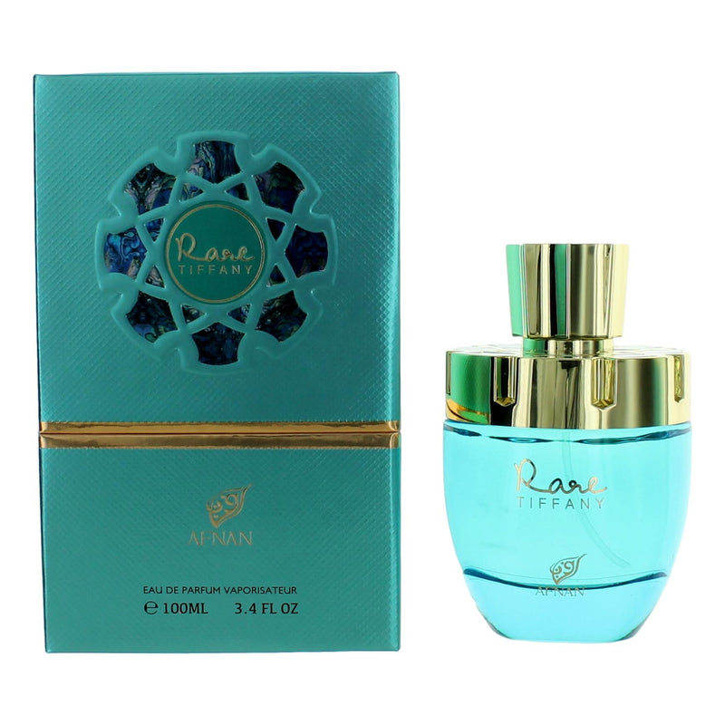 Afnan Rare Tiffany 3.4 oz women's EDP spray bottle with elegant packaging and floral fragrance details.
