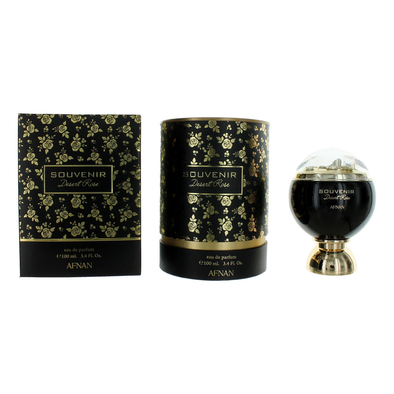 Afran Souvenir Desert Rose 3.4 oz EDP spray for women, elegant glass bottle with floral design and fragrance label.