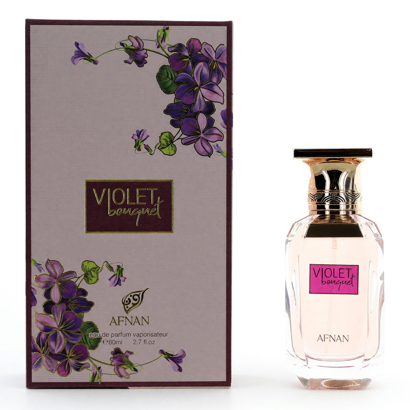 A violet bouquet perfume by Afnan, 2.7 oz EDP spray for women, featuring a floral violet scent in a sleek bottle.