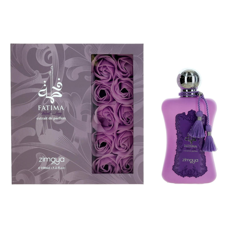 Zimaya Fatima Velvet Love 3.4oz extrait de parfum spray for women, elegant bottle with luxurious velvet design.