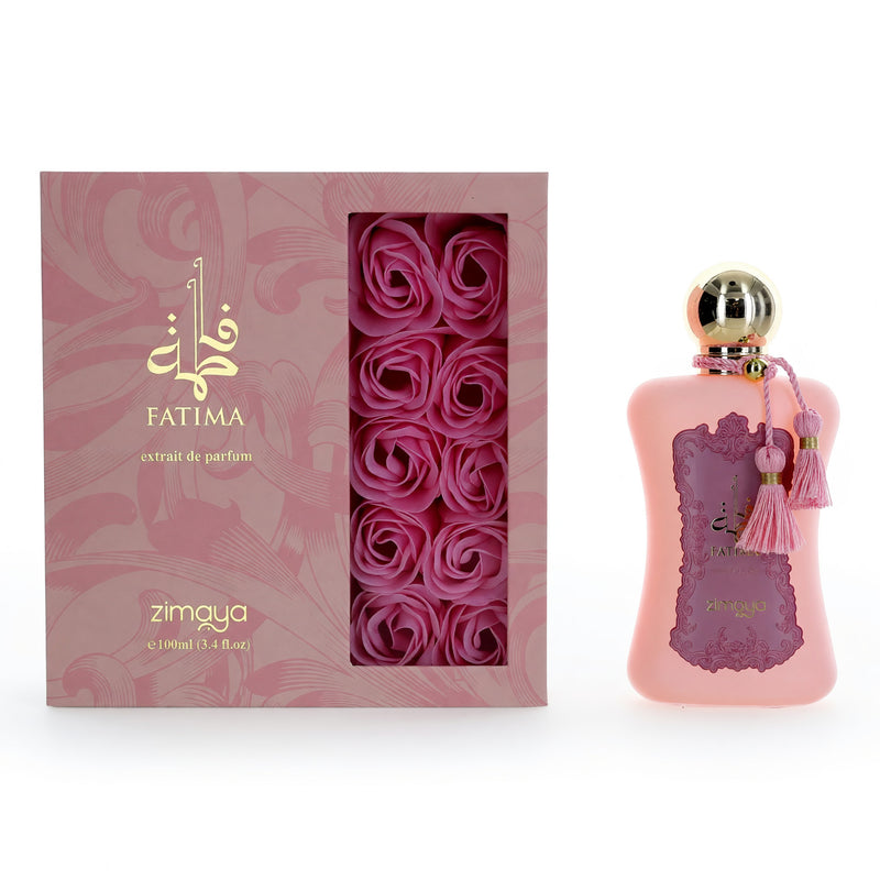 Zimaya Fatima 3.4 oz Extrait De Parfum for women, elegant glass bottle with floral design and gold accents.