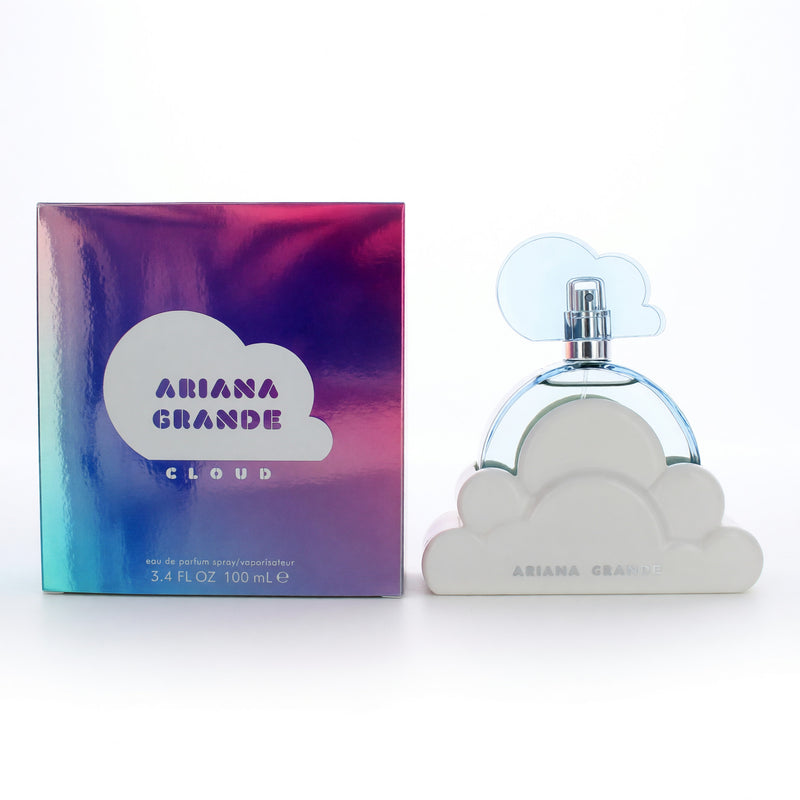 Ariana Grande Cloud 3.4 oz EDP spray for women, featuring a sleek glass bottle with a soft cloud design and silver cap.