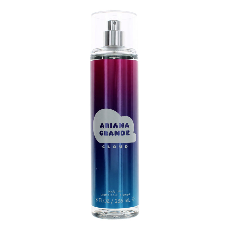 Ariana Grande Cloud 8 oz body mist for women, featuring a sleek bottle with a silver cap and a soft, cloud-inspired design.