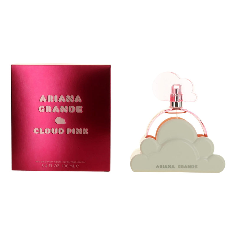 Ariana Grande Cloud Pink 3.4 oz EDP spray for women, showing the fragrance bottle with pink and cloud design.