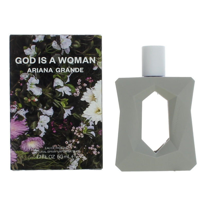 Ariana Grande God Is a Woman 1.7 oz EDP spray for women, featuring the perfume bottle with floral and artistic design.