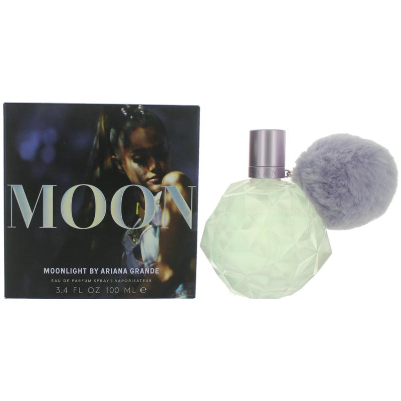 Ariana Grande Moonlight 3.4 oz women's EDP spray bottle with a sleek, elegant design and a silver cap.