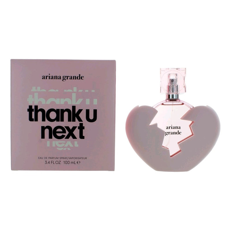 Ariana Grande Thank U Next 3.4 oz women’s EDP spray bottle with floral and fruity design, showcasing the perfume packaging