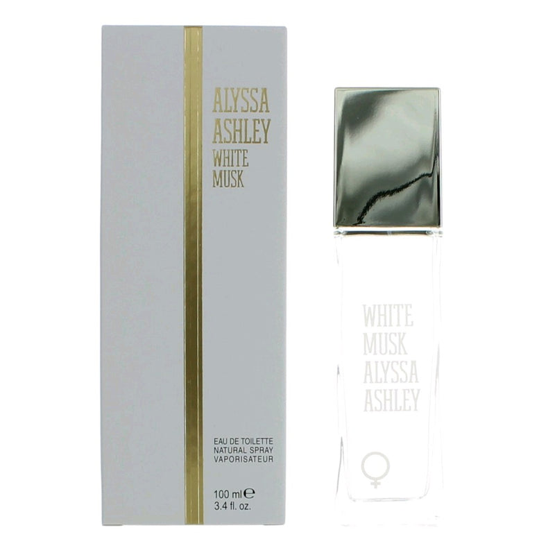 A white musk perfume spray bottle by Alyssa Ashley, 3.4 oz EDT for women, with a sleek white and silver design.