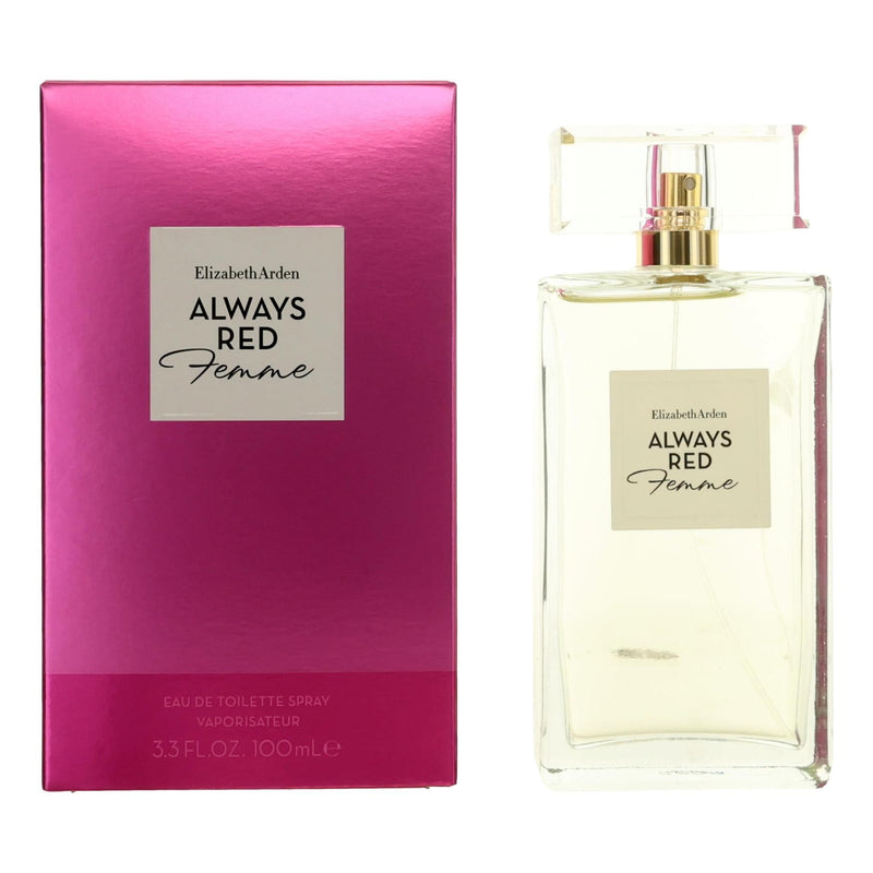 Elizabeth Arden Always Red Femme 3.3 oz EDT spray for women, featuring elegant red packaging and a floral, fruity fragrance.