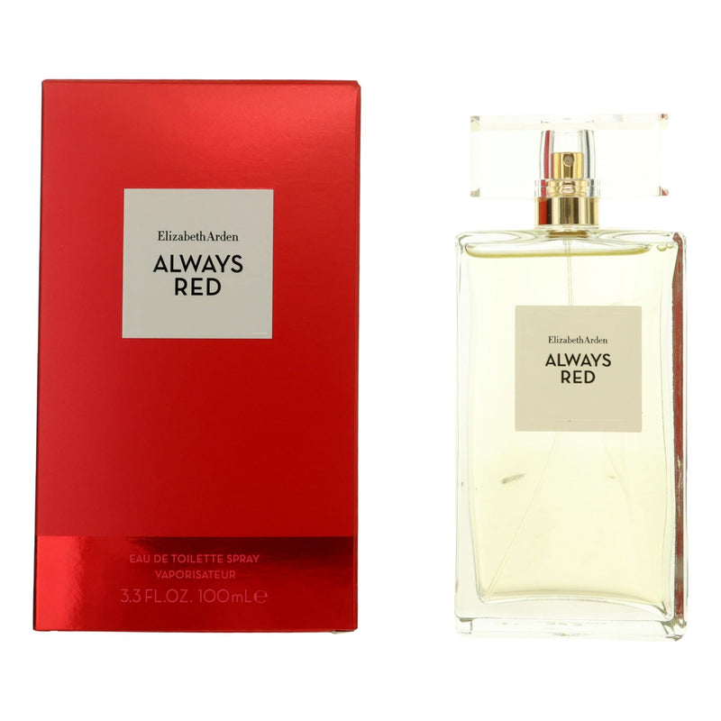 Elizabeth Arden Always Red 3.3 oz women’s EDT spray bottle with red cap and elegant packaging.