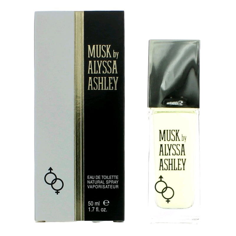 A 1.7 oz Alyssa Ashley Musk Eau de Toilette spray bottle for women with sleek packaging and floral design.