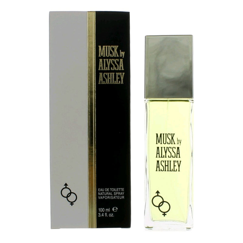 A 3.3 oz bottle of Musk by Alyssa Ashley for women, featuring a sleek glass design with a silver cap, on a white background.