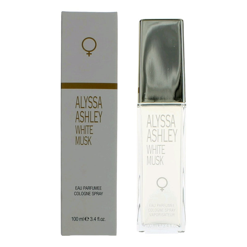 A white Musk by Alyssa Ashley 3.4oz Eau Parfumée cologne spray for women, featuring a sleek white bottle.