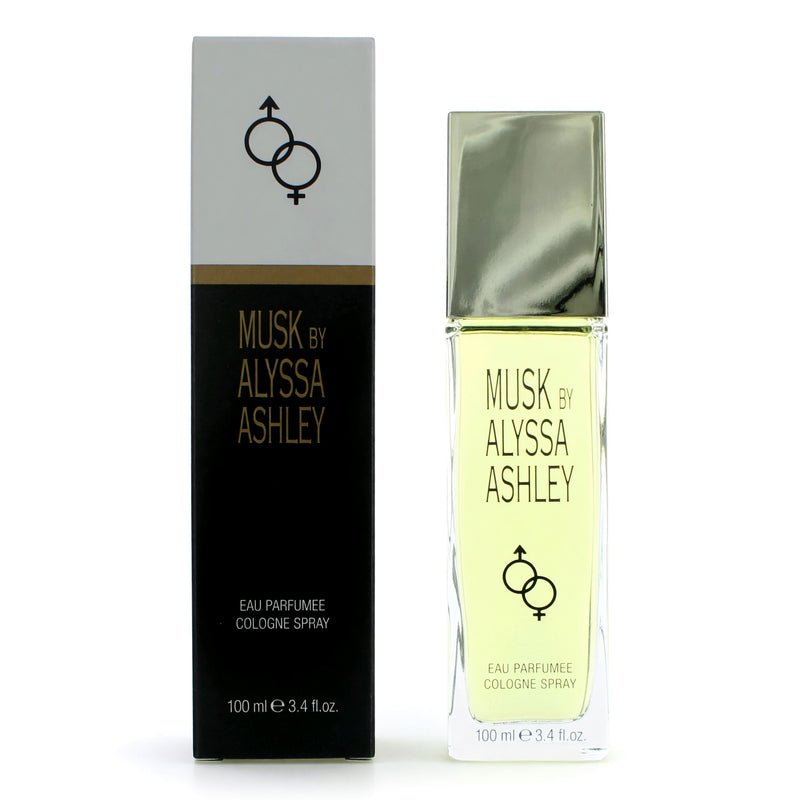 A 3.4 oz bottle of Musk by Alyssa Ashley Eau Parfumée cologne spray for women with elegant packaging and clear label.