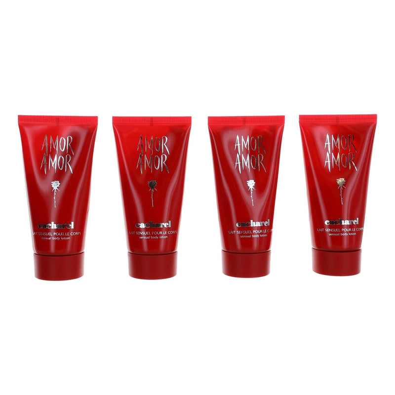 Cacharel Amor Amor 4-piece body lotion set for women, featuring 1.7oz bottles with floral packaging and soft, creamy textures.