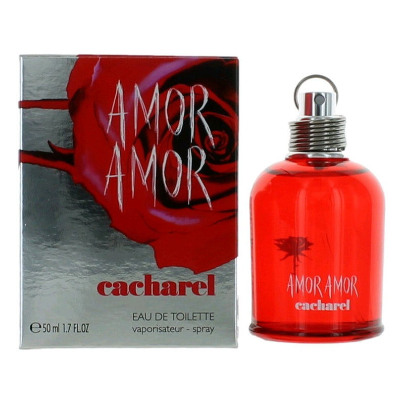Amor Amor by Cacharel 1.7 oz women's EDT spray bottle, featuring floral and fruity fragrance design.