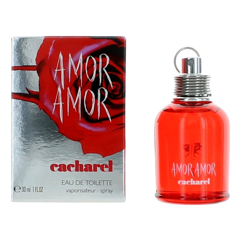 Amor Amor by Cacharel 1 oz women's EDT spray bottle with colorful packaging and floral design.