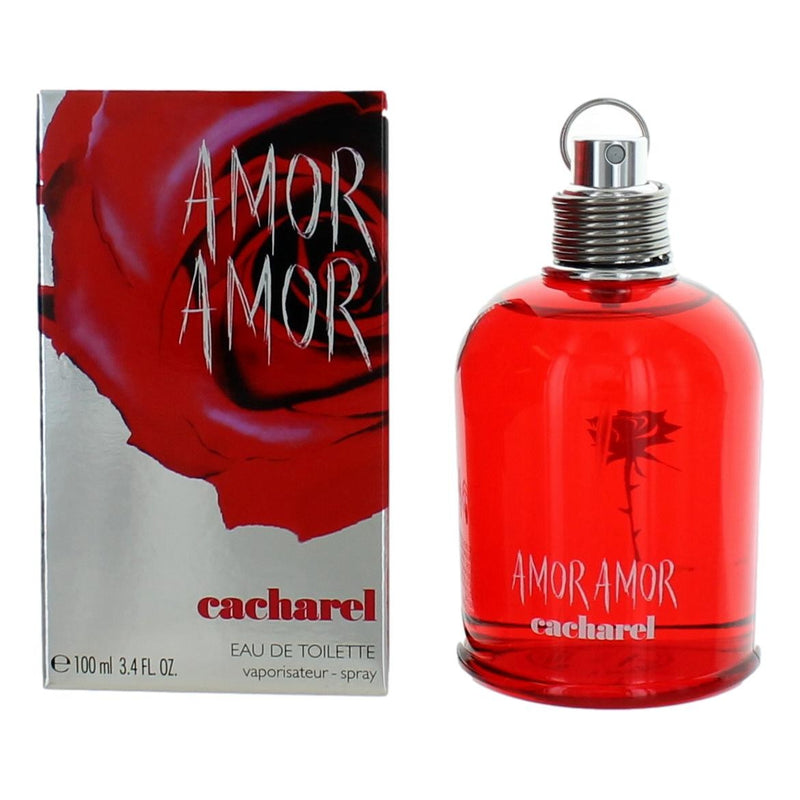 Cacharel Amor Amor 3.4 oz women's EDT spray bottle with floral-themed packaging and clear glass design.