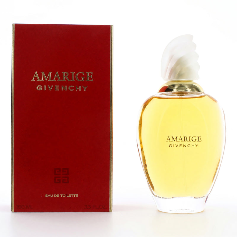 Givenchy Amarige 3.3 oz EDT spray for women, elegant floral perfume bottle with gold accents and decorative cap.