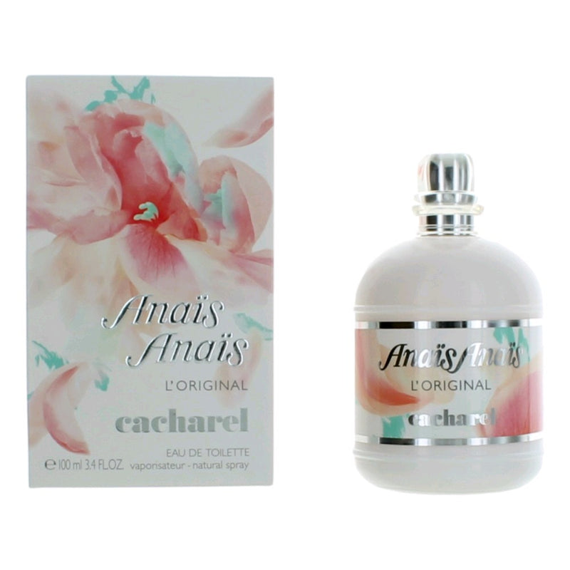 Cacharel Anais Anais L'Original 3.4 oz EDT spray for women, featuring a elegant perfume bottle with floral accents.