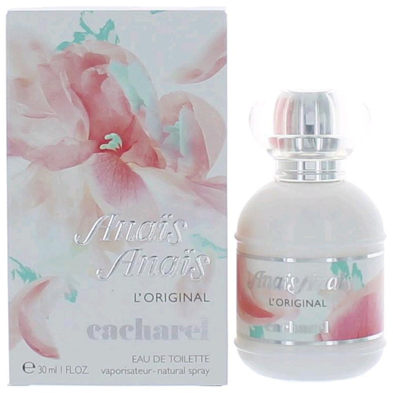 Cacharel Anais Anais L'Original 1 oz EDT spray for women, elegant glass bottle with floral design and white cap.