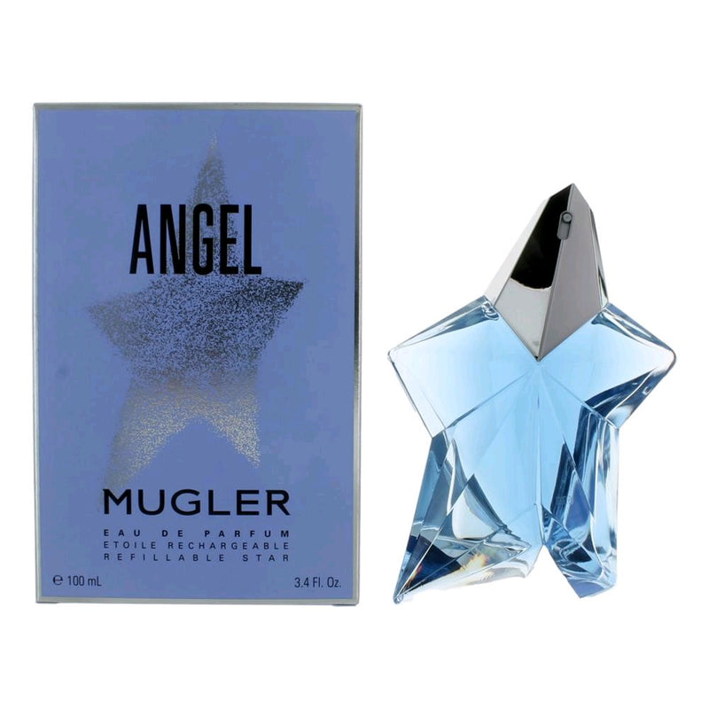 Thierry Mugler Angel 3.4 oz EDP refillable star-shaped spray for women, elegant fragrance bottle with a sleek design.