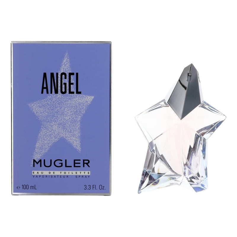 Angel by Thierry Mugler 3.4 oz women’s EDT spray bottle with a sleek, transparent design and silver cap.