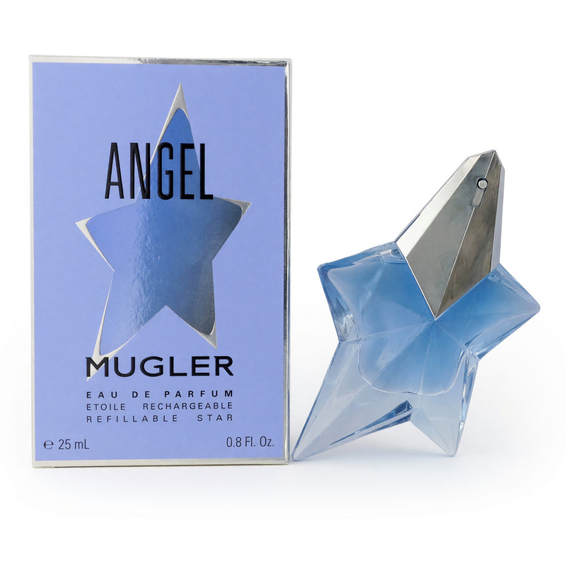 Refillable 0.8 oz Thierry Mugler Angel Eau de Parfum spray for women, featuring the iconic angel-shaped bottle and elegant design.