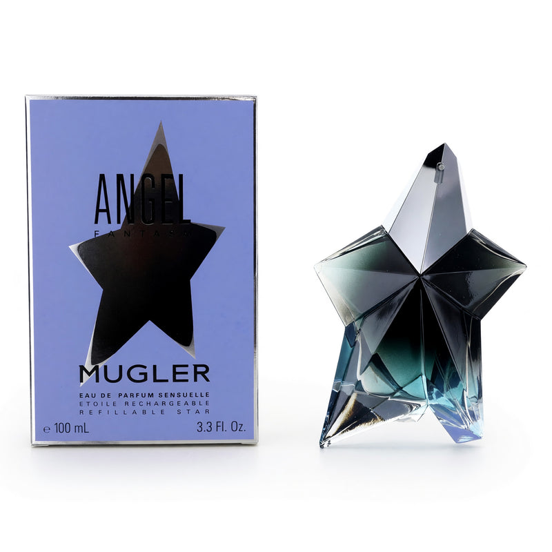 Thierry Mugler Angel Fantasm 3.3 oz women's EDP spray bottle with a sleek, elegant design and gold accents.