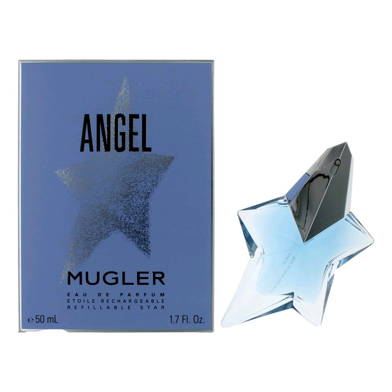 Angel by Thierry Mugler 1.7 oz refillable EDP spray for women, featuring a sleek glass bottle with a star-shaped cap.