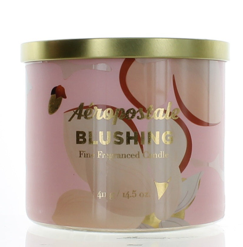 Aeropostale 14.5 oz soy wax blend three-wick candle in Blushing with soft pink and white design, perfect for home decor.