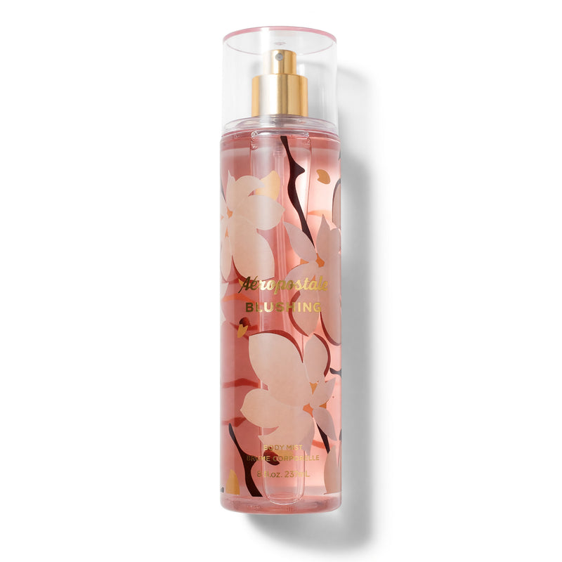 Aeropostale Blushing 8 oz women’s body mist bottle with pink and white design, featuring the product label and spray nozzle.