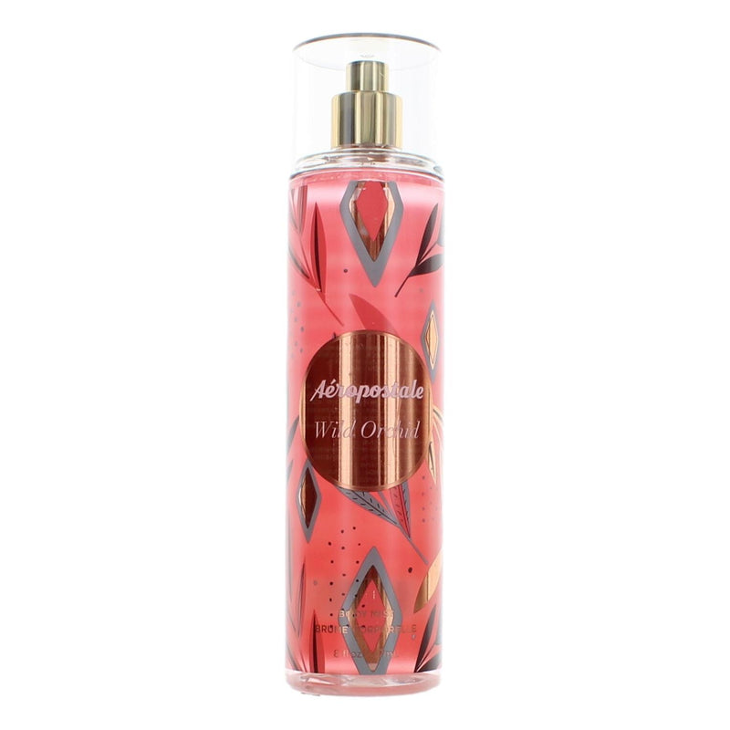 Aeropostale Wild Orchid 8 oz women’s body mist bottle with floral-themed packaging and spray nozzle, side view.