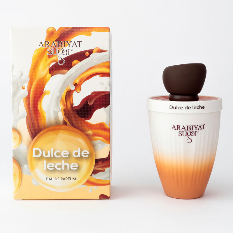 Arabiyat Sugar Dulce De Leche unisex EDP spray, 3.4 oz, with packaging showing the product bottle and branding.