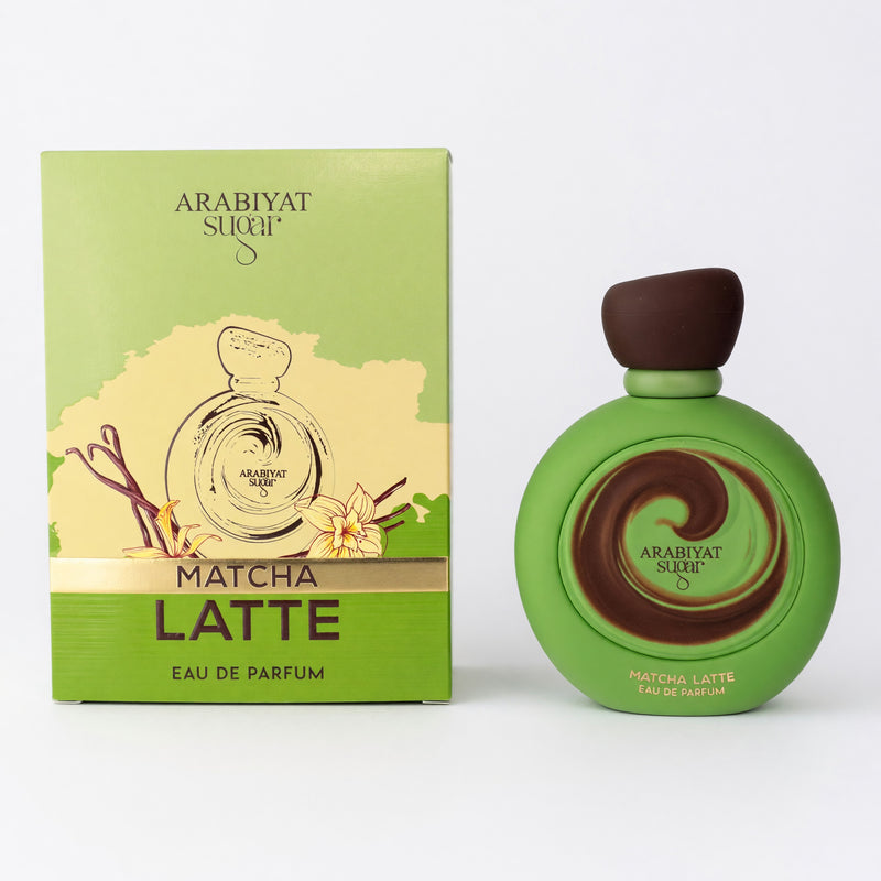 Arabiyat Sugar Matcha Latte unisex EDP spray bottle with elegant packaging, 3.4 oz fragrance for both men and women.