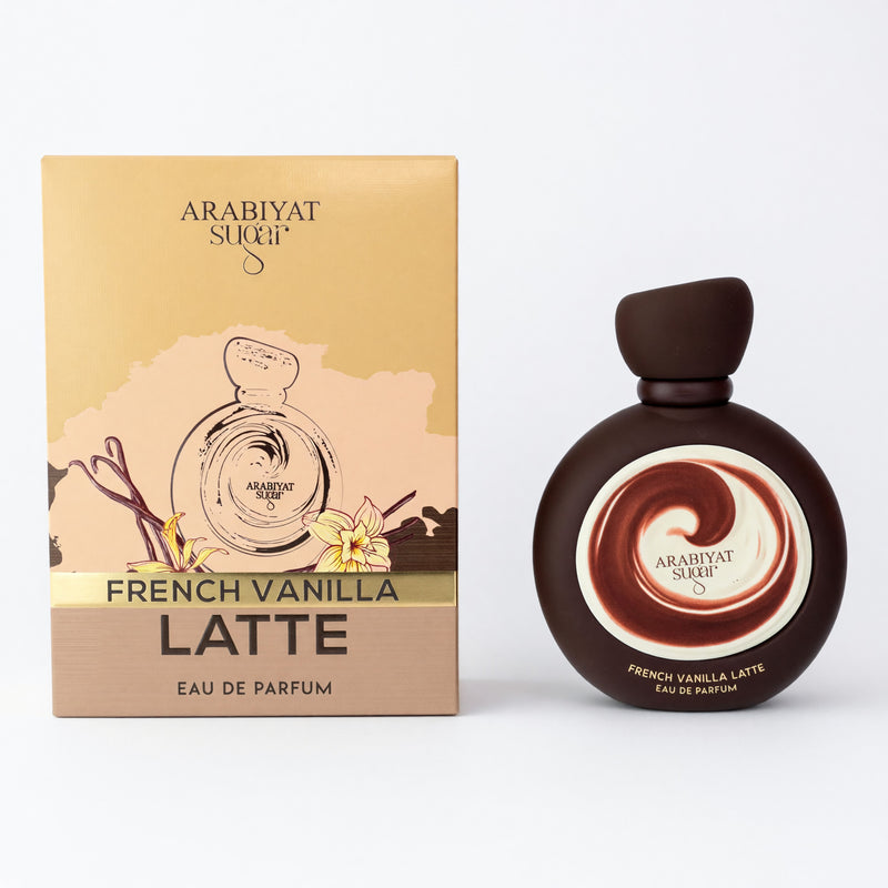 Arabiyat Sugar French Vanilla Latte unisex EDP spray bottle, 3.4oz, with a sleek design and vanilla scent.