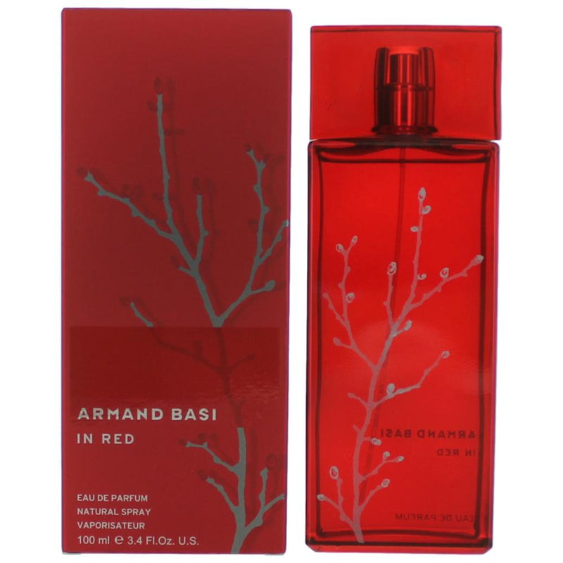 Armand Basi In Red women’s 3.4 oz EDP spray bottle with red and gold packaging, elegant design.