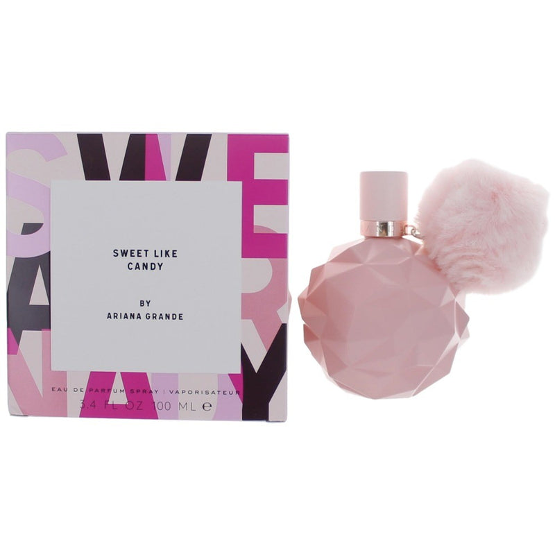 Ariana Grande Sweet Like Candy 3.4 oz EDP spray for women, elegant perfume bottle with floral design and pink accents.