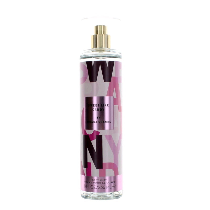 Ariana Grande Sweet Like Candy 8 oz body mist bottle for women, with pink and white floral packaging and a silver cap.