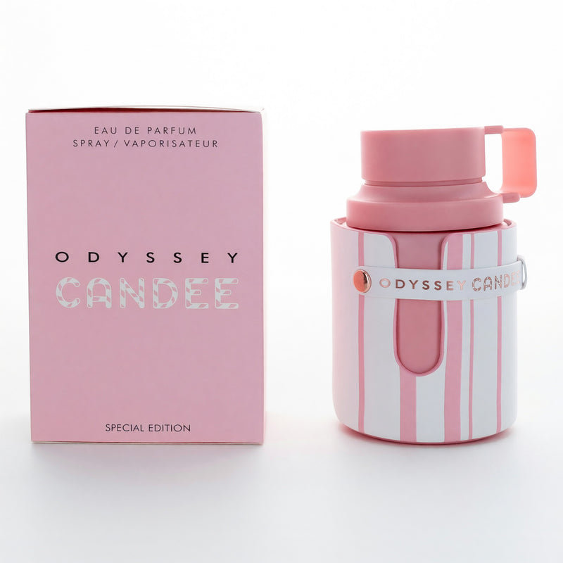 Odyssey Candee by Armaf 3.4 oz women's eau de parfum spray, elegant bottle with floral and fruity fragrance notes.
