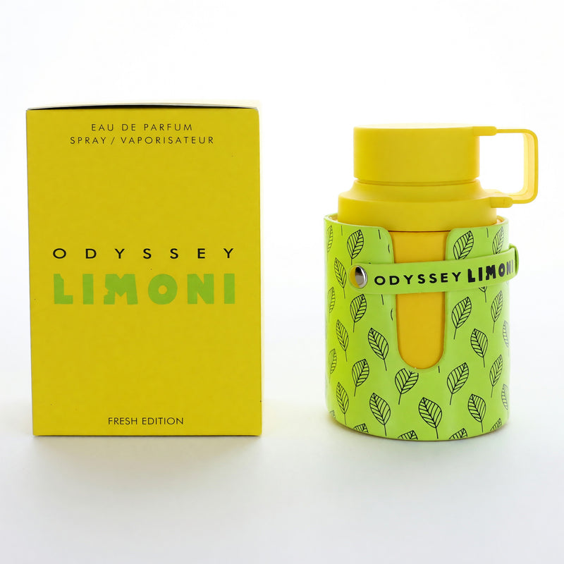 Armaf Odyssey Limoni Fresh unisex 3.4 oz EDP spray bottle with a sleek design and vibrant citrus-inspired label.