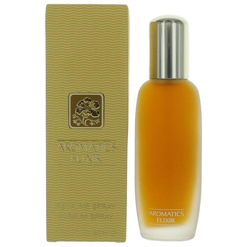 A 1.5 oz Clinique Aromatics Elixir perfume spray for women, featuring the elegant bottle with floral accents.