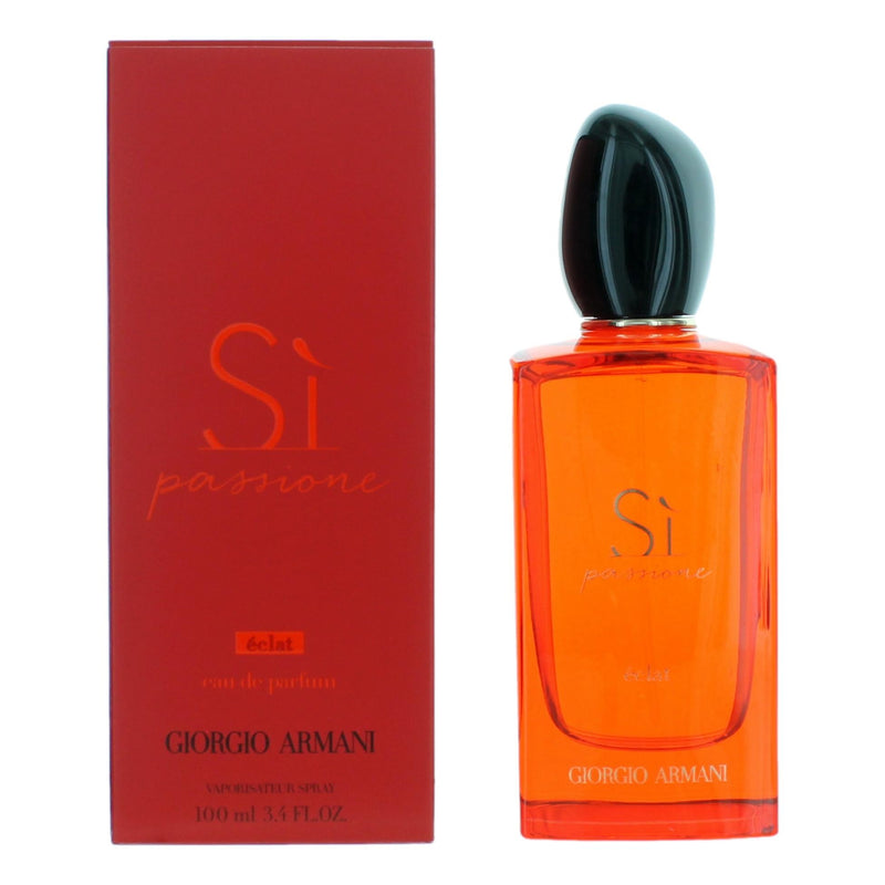 Giorgio Armani Si Passione Eclat 3.4 oz women’s EDP spray bottle, elegant fragrance for women, front view with silver cap