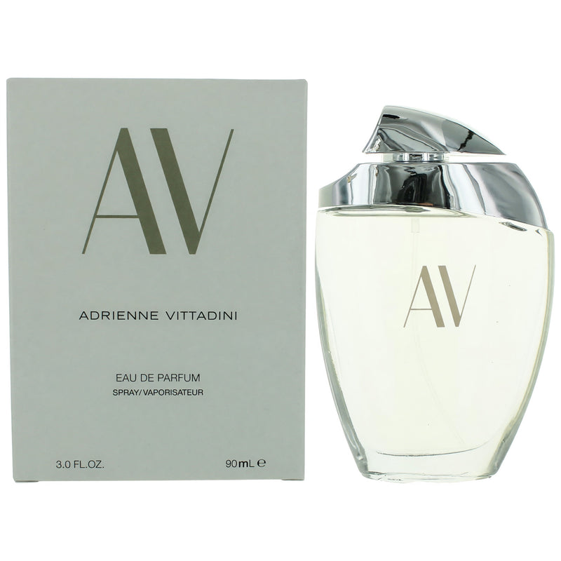 AV by Adrienne Vittadini 3 oz women's EDP spray bottle, elegant fragrance packaging with a sleek design.