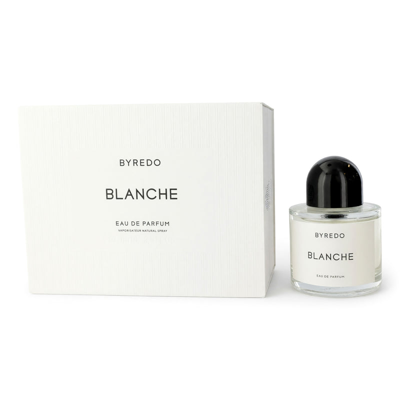 Byredo Blanche 3.4 oz women’s Eau de Parfum spray bottle with minimalist design and clear packaging.