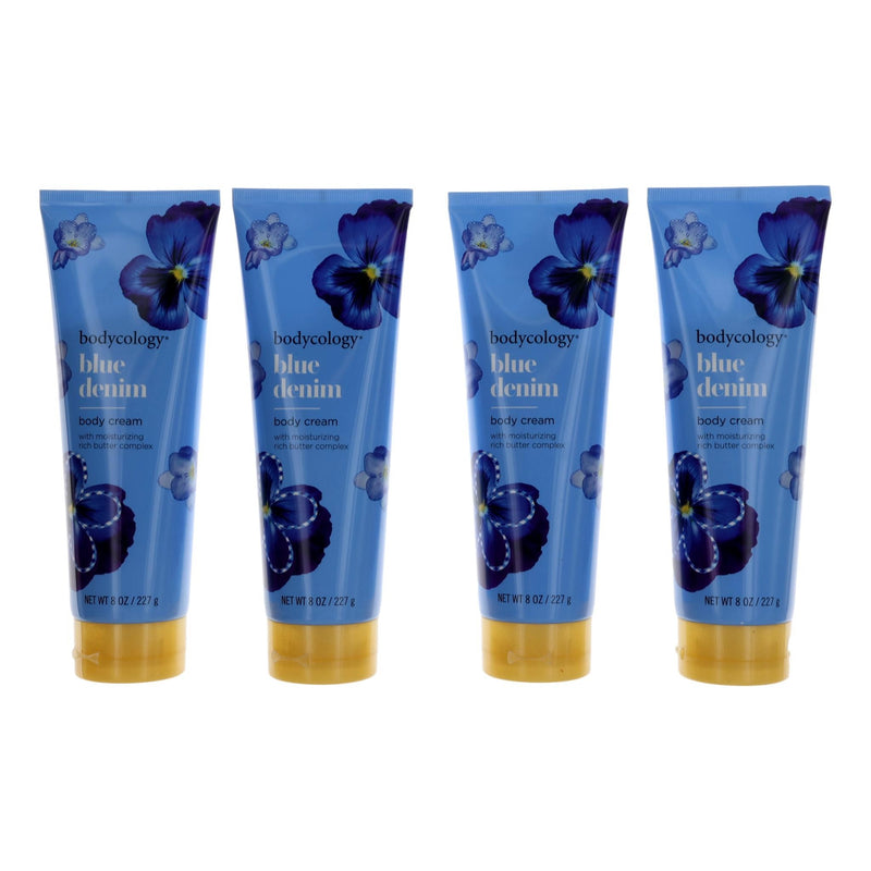 Four 8oz jars of Bodycology Blue Denim moisturizing body cream for women, featuring blue denim packaging and creamy texture.