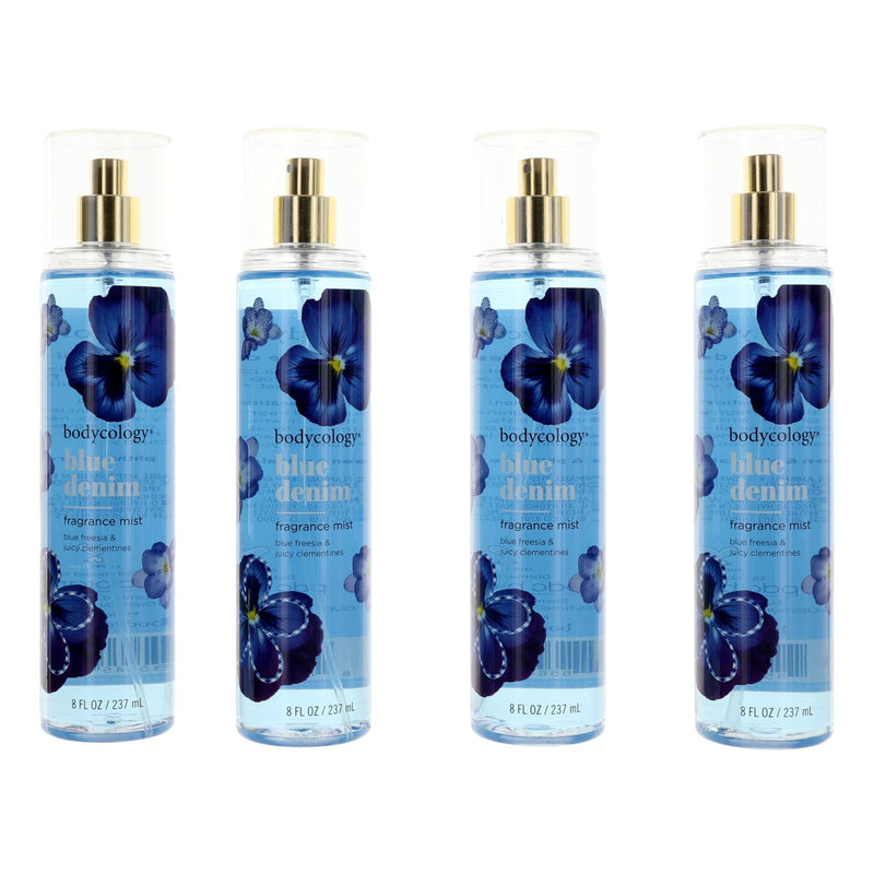 Blue Denim fragrance mist by Bodycology, 8 oz bottle, 4-pack of women's scented body mists with a fresh, denim-inspired scent.