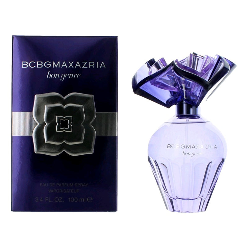 Max Azria BCBG Bon Genre 3.4 oz women's EDP spray bottle with sleek packaging and floral design.