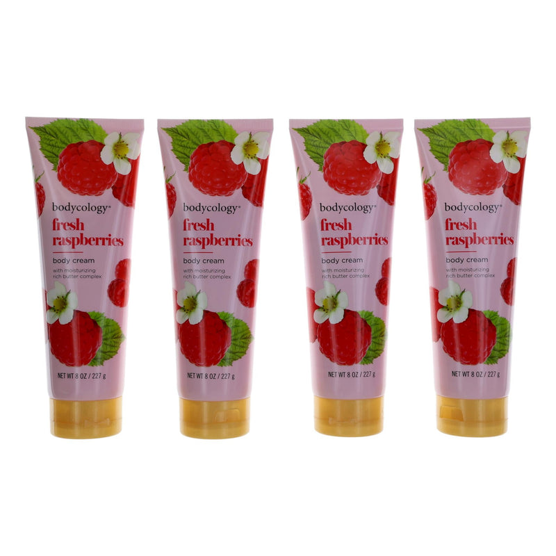 Four 8oz jars of Bodycology Fresh Raspberries moisturizing body cream for women, featuring vibrant raspberry imagery.