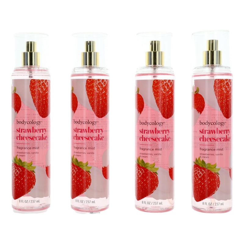 Bodycology Strawberry Cheesecake fragrance mist 4-pack, 8oz bottles for women, featuring sweet strawberry and creamy cheesecake scent.